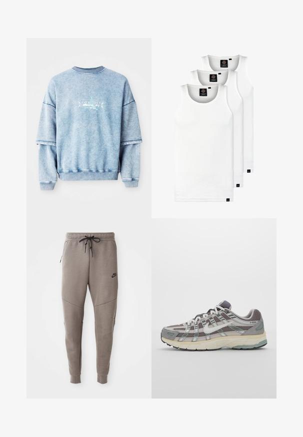 Modrá bavlněná mikina s kapkami na ramenou, žebrovaným výstřihem a vyšitými detaily. Má volný střih a strukturovanou tkaninu.; Tři bílé žebrované tílka vyrobené z bavlny. Mají kulatý výstřih a malé černé štítky poblíž lemu. Dostupné v několika velikostech.; Šedé Nike tepláky s elastickým pasem na šňůrku, zúženými nohavicemi, bočními kapsami a charakteristickým švem. Měkká, strukturovaná tkanina.; Šedá sportovní obuv s vrchní částí z mikrovlákna a semiše, bílými akcenty, polstrovanou podrážkou a jedinečným designem s reflexními prvky.
