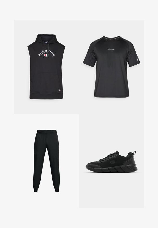 Crni bezrukavnik s kapuljačom i prednjim džepom, s "CHAMPION" logotipom u bijelom tekstu. Izrađen od mekanog materijala s podesivom kapuljačom.; Champion LIGHT STRETCH - Sportska majica - black; Crne atletske hlače s elastičnim pojasom, suženim nogavicama, bočnim džepovima i kontrastnim panelima. Lagana, glatka tkanina.; Crne sportske tenisice s mrežastim gornjim dijelom, ojačanim prstom, teksturiranim međuslojem i stražnjim držačem za lakše obuvanje. Logo prikazan sa strane.
