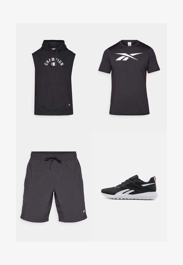 Hanorac negru fără mâneci, cu buzunar frontal, având logo-ul "CHAMPION" în text alb. Fabricat dintr-un material moale, cu glugă ajustabilă cu șnur.; Tricou sport negru fabricat dintr-un material ușor, cu un logo alb proeminent pe partea din față. Design cu mâneci scurte și guler rotund.; Shorts atletici negri cu talie elastică și șnur. Material neted, până la genunchi, având un mic logo alb în colțul din dreapta jos.; Pantofi sport negri cu un superior din plasă, accente albe, talpă texturată și un detaliu roșu la călcâi pentru un plus de stil.