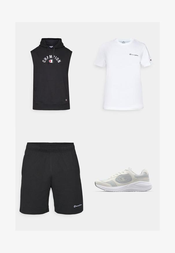 Juodas be rankovių džemperis su priekiu kišene, ant kurio užrašas "CHAMPION" baltomis raidėmis. Pagamintas iš minkštos medžiagos, su reguliuojama kapuce.; Balta medvilninė marškinė su apvaliu kaklu, trumpomis rankovėmis ir juodu siuvinėtu "Champion" logotipu ant krūtinės bei rankovės akcentu.; Juodi sportiniai šortai su elastingu juosmeniu, pagaminti iš minkštos medžiagos, su mažuoju baltu logotipu kairėje apatinėje pusėje.; Balti sportiniai bateliai su šviesiai pilkais akcentais, tinklelio ir zomšos medžiagomis, suapvalintu pirštu, tekstūruotu padu ir matomu prekės ženklu šone.