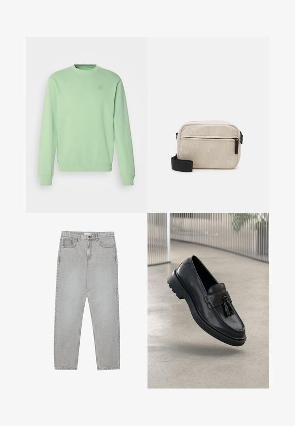 Felpa verde menta in morbido tessuto, con collo a giro, polsini a costine e un piccolo dettaglio con logo quadrato sul petto.; Top bianco senza maniche realizzato in tessuto liscio, con scollatura rotonda e silhouette aderente, adatto per essere indossato a strati o da solo.; Pantaloni in denim grigio chiaro con design a gamba dritta, stile a cinque tasche e chiusura con bottone. Cuciture visibili lungo le cuciture.; Mocassini in pelle nera con finitura liscia, nappe decorative, suola spessa in gomma e dettagli cuciti. Design leggero ed elegante.; Borsa a tracolla in corduroy color crema con cerniera nera, tracolla rimovibile e motivo testurizzato. Presenta un compartimento principale e una tasca anteriore.; Collana a più strati con catene metalliche argento e perle nelle tonalità bianco e marrone, che mettono in mostra texture e forme diverse.