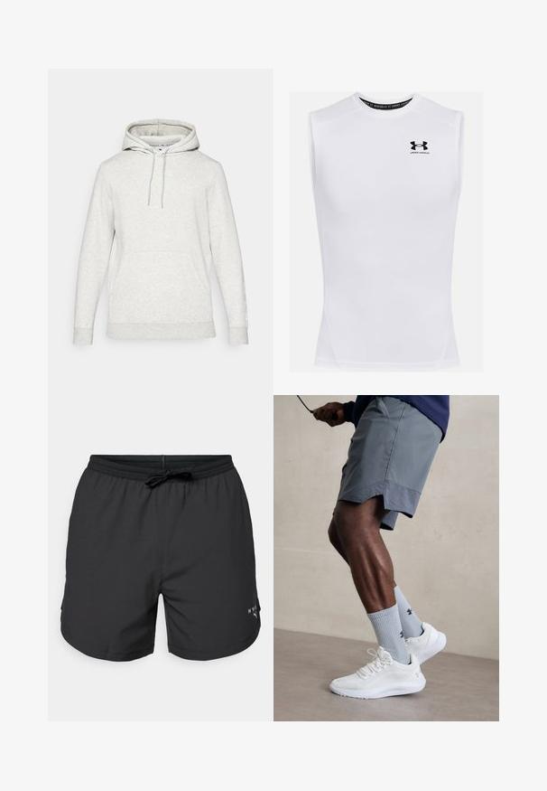 Svijetlosivi dukserica s kapuljačom na vezanje, prednjim džepom i rebrastim manžetama. Izrađena od mekanog materijala, s logotipom u suptilnoj boji.; Bijela bezrukavna sportska majica napravljena od tkanine koja odvodi vlagu. Sadrži okrugli izrez, ravne šavove i crni Under Armour logo na prsima.; Crne kupaćice s elastičnom trakom i vezicom. Lagana tkanina s bočnim džepovima. Ima mali logo na rubu.; Bijele sportske tenisice s teksturiranim mrežastim gornjim dijelom, uparene s svijetlo plavim rebrastim čarapama s logotipom. Sive sportske šortse s perforiranim rubom.