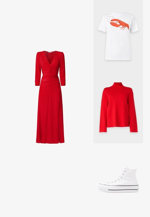 Object OBJREYNARD HIGH NECK - Strickpullover - flame scarlet; Weißes Baumwoll-T-Shirt mit einem großen, leuchtend roten Hummer-Design auf der Vorderseite. Mit kurzen Ärmeln und klassischem Rundhalsausschnitt.; Rotes Kleid mit V-Ausschnitt, 3/4-Ärmeln und Raffung an der Taille und am Rücken. Der Stoff wirkt glatt und leicht.; Weiße hochwertige Leinensneaker mit schwarzer Gummisohle, vorderem Gummizehenschutz und sechs Ösen für Schnürsenkel, die ein sauberes, minimalistisches Design aufweisen.; Rote Lederhandtasche mit einem kantigen, geometrischen Design. Verfügt über einen verstellbaren Schulterriemen und einen Klappenverschluss mit genähten Details.