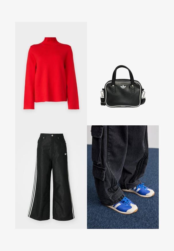 Object OBJREYNARD HIGH NECK - Jumper - flame scarlet; Black wide-leg denim pants with three white stripe accents on each side and a small white logo. Features front pockets and a button closure.; Person wearing loose black cargo pants and blue and white sneakers standing on dark blue carpet.; Black leather handbag with two short handles, silver hardware, white accents, and a white logo. Features a textured surface and compact design.