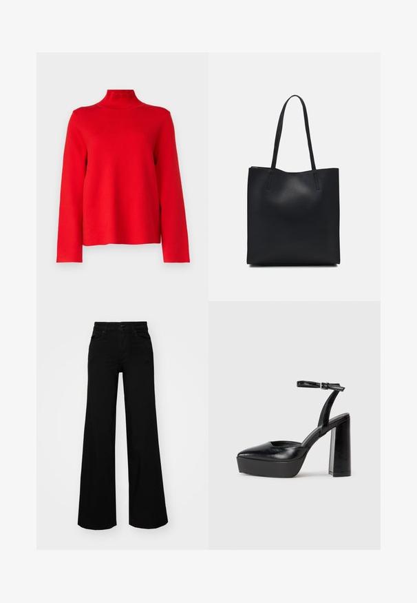Object OBJREYNARD HIGH NECK - Vesta - flame scarlet; Crne široke traperice s čvrstim pojasom, petljama za remen i prednjim džepovima. Gladak teksturirani materijal s klasičnim dizajnom.; Crne platforme s potpeticom s oštrim vrhom i podešivom naramenicom. Izrađene od glatke kože, s masivnom blok petom.; Crna kožna torba za nošenje s glatkom teksturom, pravokutnim oblikom i dvije duge ručke. Nema vidljivih metalnih dijelova ili ukrasa.