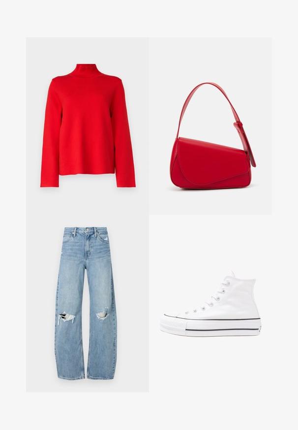 Object OBJREYNARD HIGH NECK - Maglione - flame scarlet; Jeans azzurri chiari a vita alta realizzati in denim. Presentano gambe larghe, due aree strappate sulle ginocchia e il classico styling a cinque tasche.; Sneaker alta in tela bianca con suola in gomma nera, punta in gomma frontale e sei asole per i lacci, caratterizzata da un design pulito e minimalista.; Borsa a tracolla in pelle rossa con un design angolare e geometrico. Presenta una singola tracolla regolabile e una chiusura a patta con dettagli cuciti.