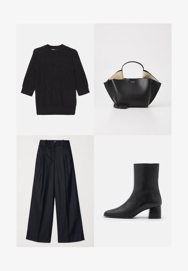 Schwarzer Strickpullover mit einem strukturierten Zickzackmuster, Rundhalsausschnitt und drei Viertel langen Ärmeln mit gerippten Bündchen.; Schwarze weit geschnittene Hosen aus glattem Stoff, mit hoher Taille, Falten und einer taillierten Passform. Einfaches schwarzes Zubehör an der Taille.; Schwarze Leder-Ankle-Boots mit spitzer Zehenpartie und einem klobigen, quadratischen Absatz. Glatte Textur mit nahtlosem Design und minimalistischem Nähen.; Ree Projects ANN TOTE MINI - Handtasche - black