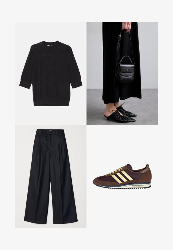Pull en tricot noir présentant un motif zigzag texturé, un col rond et des manches trois-quarts avec des poignets côtelés.; Pantalons noirs à jambes larges en tissu lisse, dotés d'une taille haute, de plis et d'une coupe ajustée. Quincaillerie noire simple à la taille.; Baskets marron et bordeaux avec des matériaux en daim et en maille, présentant trois rayures crème, un tissu texturé sur la languette et une semelle en caoutchouc.; Petite sac à main en cuir noir de forme arrondie, avec une poignée supérieure et une bandoulière amovible. Porté avec une robe en tissu noir et des chaussures plissées noires.
