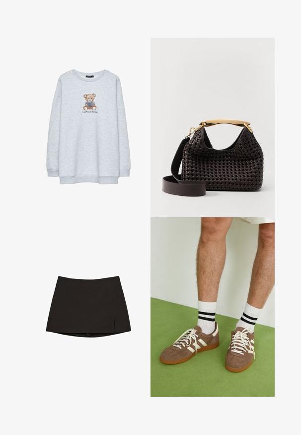 Jasnoszary sweatshirt z okrągłym dekoltem, ozdobiony haftowanym misiem w paski oraz napisem "Nie mogę znieść poniedziałków" poniżej.; Czarna mini spódnica wykonana z gładkiego materiału, o prostym kroju z bocznymi rozcięciami i czystym wykończeniem. Prosta i uniwersalna.; Brązowe zamszowe sneakersy z białymi akcentami i sznurówkami. Gumowa, brązowa podeszwa. Noszone z białymi skarpetkami w czarne paski. Zielona teksturowana podłoga.; Elleme - Torebka