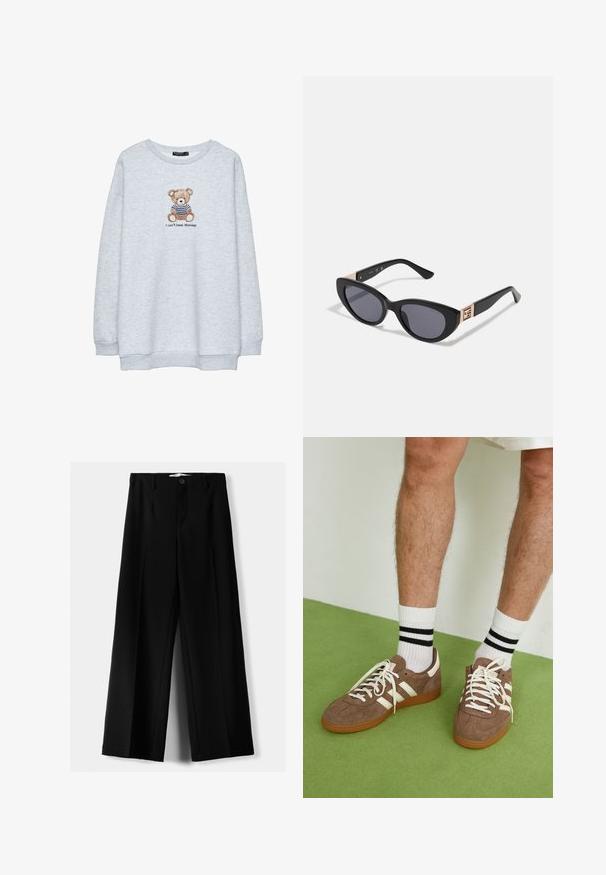 Felpa grigia chiara con colletto a girocollo, con un orso ricamato in una maglietta a righe e il testo "Non riesco a sopportare i lunedì" sotto.; Pantaloni neri a gamba larga realizzati in tessuto leggero, caratterizzati da una chiusura frontale con bottone e frontale piatto, con orli cuciti con precisione.; Sneaker in suede marrone con dettagli e lacci bianchi. Suola in gomma color gomma. Indossati con calzini bianchi con righe nere. Pavimento verde texturizzato.; Guess Occhiali da sole - shiny black; Borsa hobo in pelle marrone con una forma arrotondata, dotata di dettagli in hardware dorato e cuciture a contrasto. Abbinata a una camicia di jeans e a un paio di jeans.