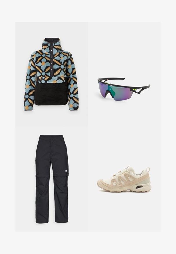 Pull polaire avec col montant, présentant un motif floral bleu, noir et orange, fermeture avant à pression et partie inférieure texturée noire.; Pantalons cargo en nylon noir, à zip amovible, avec chevilles ajustables, plusieurs poches et un logo sur la jambe droite. Texture lisse et légère.; Baskets de sport beiges et crème avec une tige en mesh texturé, des superpositions de soutien et une semelle en caoutchouc dotée d'un motif de crampons pour une traction.; Lunettes de sport avec une monture noire, grandes verres dégradés aux teintes violettes et vertes, et des accents de design angulaires avec un détail de logo.