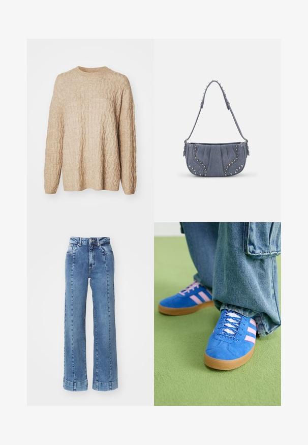 Beżowy sweter dziany z textured kablowym wzorem, okrągłym dekoltem i długimi rękawami. Tkanina wydaje się miękka i gruba.; Jasnoniebieskie dżinsy o szerokich nogawkach i wysokim stanie, z przednimi kieszeniami i przeszyciami. Doły nogawki są podwinięte i przyszyte.; Niebieskie zamszowe buty z różowymi paskami i białymi sznurowadłami, z gumową podeszwą, zestawione z luźnymi dżinsami na zielonej powierzchni.; Dżinsowa torba na ramię z plisowanym designem, niebieska, z srebrnymi ćwiekami wzdłuż krawędzi i teksturowanym paskiem.