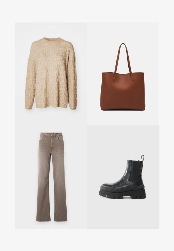 Beige knitted sweater with a textured cable design, round neckline, and long sleeves. Fabric appears soft and chunky.; Brown high-waist straight-leg jeans with front button, belt loops, and classic five-pocket design on a white background.; Black ankle boot made of glossy textured material with a crocodile pattern. Features a chunky sole and elastic side panels for fit.; Brown leather tote bag with a smooth texture, open top design, and two shoulder straps. Features minimal stitching and no visible hardware.