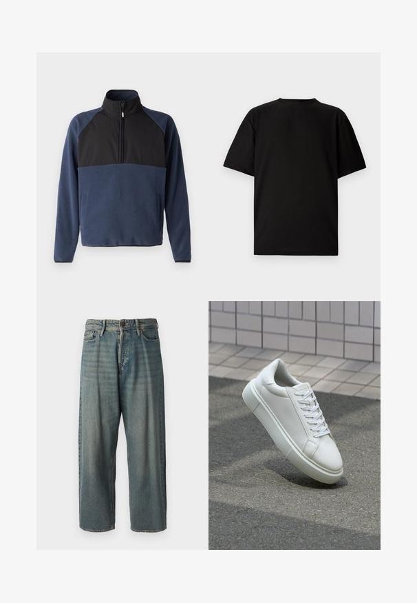 Jack & Jones JCOPEAK HIGH NECK HALF ZIP - Camisola de lã polar - navy blazer; T-shirt preto de manga curta feito de tecido canelado. Apresenta um decote redondo e um ajuste descontraído com uma textura suave. Apenas vista traseira.; Jeans de ganga azul claro com um corte solto, cintura média e pernas retas. Apresenta cinco bolsos, passadores de cinto e fecho com botão.; Tênis de couro branco com superfície lisa, bico redondo e cadarços brancos planos. Apresenta uma sola de borracha texturizada e elementos de design minimalistas.