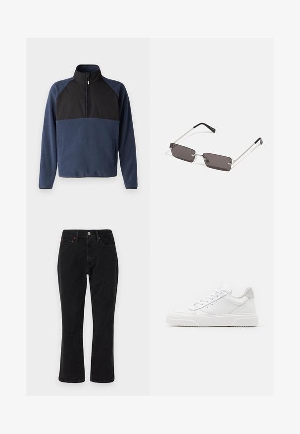 Jack & Jones JCOPEAK HIGH NECK HALF ZIP - Fleecepaita - navy blazer; Musta farkkushortit, joissa on suora lahkeiden muotoilu, viisi taskua ja metalliset yksityiskohdat kupariakkenteilla. Tasainen pinta ja keskipitkä vyötärö.; Valkoiset nahkakengät, joissa on sileä pinta, pyöreä kärki, litteät nauhat ja teksturoitu pohja. Harmaa mokkanahka korostaa kantapäätä.; Aurinkolasit, joissa on suorakulmaiset, tummanharmaat linssit, hopeiset metallikehykset ja mustat muoviset päät. Kevyt muotoilu nenätyynyillä.