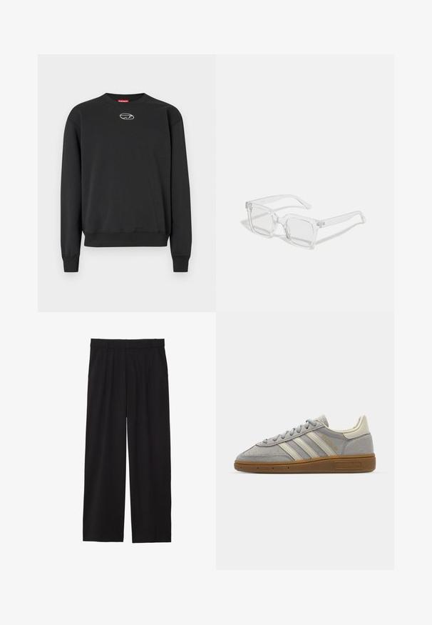 Černá mikina vyrobená z měkkého materiálu, s kulatým výstřihem, dlouhými rukávy, žebrovanými manžetami a malým logem uprostřed. Jednoduchý design.; Černé široké kalhoty s skladaným předním dílem, bočními kapsami a hladkou texturou tkaniny. Navrženy pro pohodlný střih.; Šedé semišové tenisky se světle šedými koženými pruhy a gumovou podrážkou. Vybavení zahrnuje šněrování a decentní branding na jazyku.; Průhledné obdélníkové sluneční brýle s tlustým plastovým rámem, vybavené mírně zrcadlovými čočkami a bez dalších vzorů či akcentů.