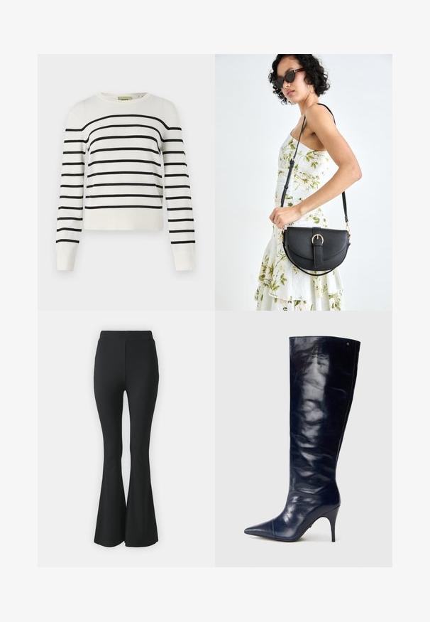 Baltas mezgamas megztinis su juodais horizontaliais raštais, apvaliu iškirpimu ir ilgomis rankovėmis su gumytėmis. Trumpesnio ilgio modelis.; Juoda platės kelnės, pagamintos iš tamprios medžiagos. Turi aukštą juosmenį ir glotnią, prisitaikančią struktūrą, kuri išsiplėtė nuo kelio žemyn.; Jūrinis odinis iki kelių batai, blizgus paviršius, smailas kojų pirštas, siauras stiletto kulnas, be siūlių dizainas, su subtiliu auksiniu akcentu.; Juodas odinis krepšys su išlenkta forma, nuimamu dirželiu ir auksiniais detalėmis. Krepšys turi kilpą su sagtimi.