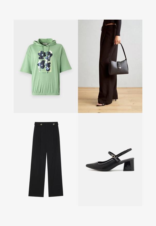 Zielona bluza z kapturem z krótkimi rękawami, z graficznym nadrukiem ciemnych kwiatów i abstrakcyjnych akcentów z przodu. Elasticzny dół.; Czarne szerokie spodnie z wysokim stanem, z detalami w postaci guzików na pasku oraz plisami z przodu.; Czarne lakierowane czółenka na słupku ze spiczastym noskiem, lekko zaokrąglonym wycięciem i obcasem w kształcie bloku. Posiadają złotą klamrę jako akcent dekoracyjny.; Czarna torebka o usztywnionym kształcie, gładkiej fakturze i metalowym zapięciem. Połączona z szerokimi czarnymi spodniami i sandałami na otwartym palcu na drewnianej podłodze.