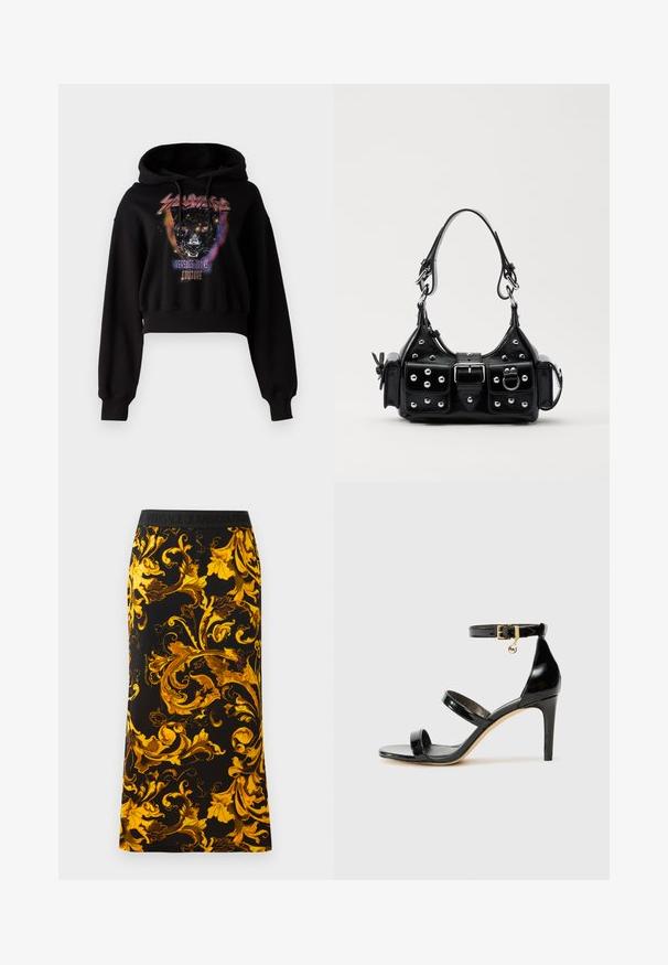 Juoda trumpa gobtuvė, pagaminta iš medvilnės, su priekinėje pusėje pavaizduota pantera, kuriai suteikti spalvoti akcentai ir tekstas "Sauvage Versace Jeans Couture."; Juoda sijonas su ryškiu auksiniu gėlių raštu, pagamintas iš minkštos medžiagos, su elastine juoda juosta, ant kurios matomas prekės ženklas.; Juodas patentuotas odinis sandalai su trimis diržais, kulkšnies sagtimi ir 4 colių stiletto kulnu. Yra aukso detalės ir logotipo žavesys.; Juodas odinis rankinukas su kreiviu dizainu, su sidabro spalvos knopkėmis, užsegimu ir dviem šoninėmis kišenėmis. Reguliuojama dirželis nešimui.