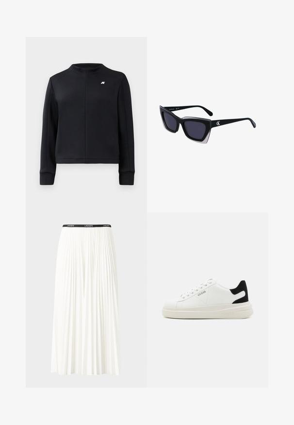 Črna majica s kapuco, dolgimi rokavi in prilegnjenim oblikovanjem. Ima majhno logo na prsih in teksturirano blago.; Gubasta bela krila z črnim elastičnim pasom, ki nosi logotip "LACOSTE". Srednje dolga zasnova z mehkobo tkanine.; Bele usnjene športne copate z debelim belim podplatom, črnimi semišnimi detajli na peti in utisnjenim logotipom na strani. Zavezovanje s šestimi luknjicami.; Črne prevelike sončne očala geometrijske oblike, z temnimi lečami in kontrastno sivo podrobnostjo na okvirju. Logo na ročaju.