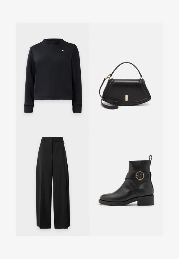 Black sweatshirt with a high collar, long sleeves, and a fitted design. Features a small logo on the chest and textured fabric.; Black wide-leg trousers with a high waist and a belt. Features a smooth texture and clean lines, designed for a relaxed fit.; BOSS IRYNA BOOTIE - Platform ankle boots - black; Black leather handbag with a structured design, featuring a cropped shape, top handle, and gold hardware accent. Adjustable shoulder strap included.
