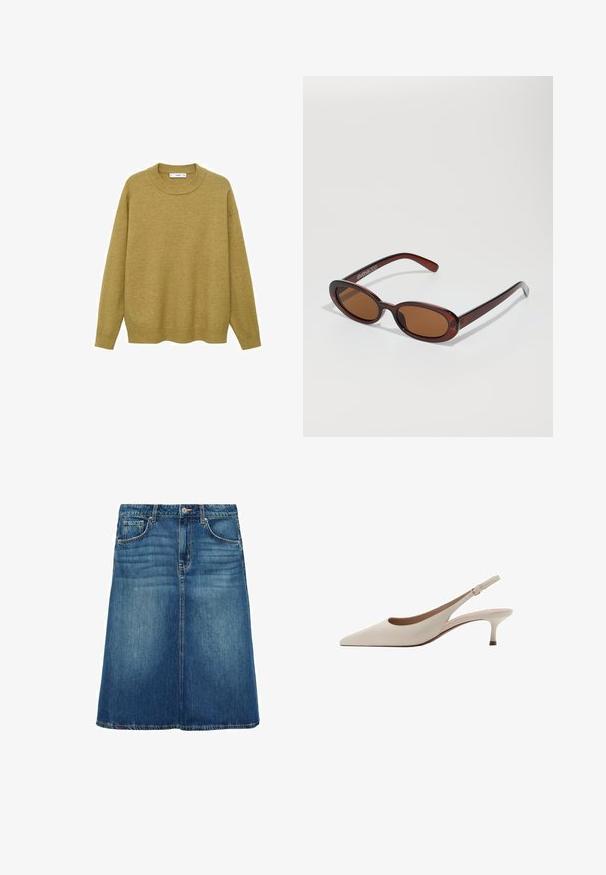 Trui in mosterdgeel, gemaakt van zachte stof. Voorzien van een geribbelde ronde halslijn en lange mouwen met een reguliere pasvorm en een rechte zoom.; Denim A-lijn rok in middelblauw met een gladde textuur, vijf zakken en een knoopsluiting, met een zoom die boven de knie valt.; Beige slingback hakken met een puntige neus en een lage, uitlopende hak. Gemaakt van glad leer met een minimalistisch ontwerp en een verstelbare band.; Ronde, bruin getinte zonnebril met een glanzend bordeauxrood frame. Slanke pootjes met subtiele merkdetails. Vlakke lensontwerp.