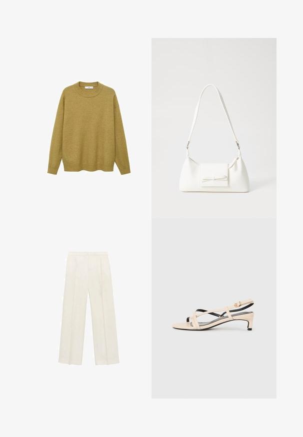 Pulover de culoare galben muștar, realizat dintr-un material moale. Are un guler rotund cu ace și mâneci lungi, cu o croială normală și un tiv drept.; Pantaloni cu picioare largi, de culoare crem deschis. Realizați dintr-un material neted, cu plisuri în față și buzunare laterale.; Sandale slingback din piele bej, cu bretele încrucișate, toc jos și accente negre. Textură netedă și design minimal.; Geantă sintetică albă, cu formă triangulară, capac frontal plat și detaliu cu fundă, curea ajustabilă, textură netedă și design minimalist.