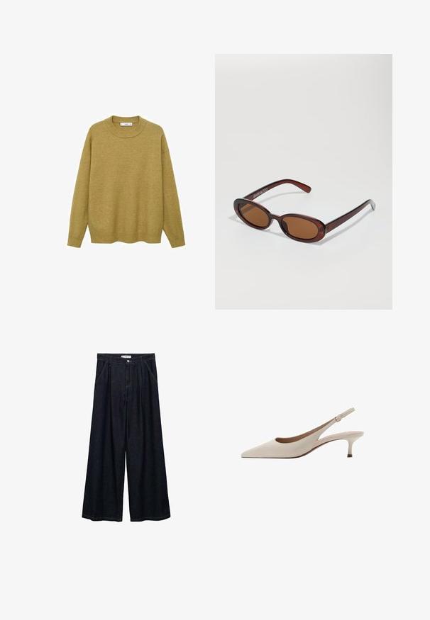 Trui in mosterdgeel, gemaakt van zachte stof. Voorzien van een geribbelde ronde halslijn en lange mouwen met een reguliere pasvorm en een rechte zoom.; Donkerdenim wijde-broek met een hoge taille, voorzien van een sluiting met knoop aan de voorkant, twee zijzakken en stikdetails.; Beige slingback hakken met een puntige neus en een lage, uitlopende hak. Gemaakt van glad leer met een minimalistisch ontwerp en een verstelbare band.; Ronde, bruin getinte zonnebril met een glanzend bordeauxrood frame. Slanke pootjes met subtiele merkdetails. Vlakke lensontwerp.