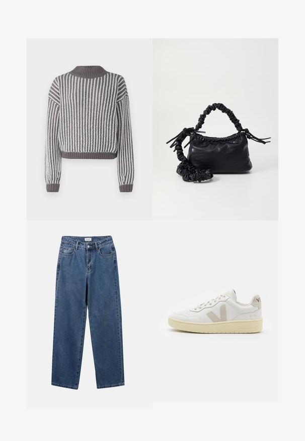 Tjockstickad tröja med vertikala ränder i grått och vitt, med hög hals och ribbade ärmavslut, vilket ger en texturerad look.; Klassiska blå denimjeans med rak benform, fem fickor och knäppning. Har en medelblå tvättning och stadig textur.; Vita lädersneakers med beige mockadetaljer, perforerad tåbox, platta snören och en texturerad krämfärgad sula. Har diskret varumärkning på hälen.; Svart faux läderhandväska med krokodiltextur, snodd topp och en skrämd rem. Ser mjuk och kompakt ut i designen.