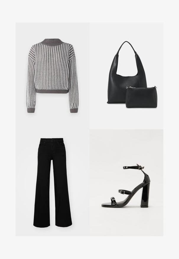 Pulover iz grobo pletenine z navpičnimi črtami v sivi in beli barvi, z visokim ovratnikom in rebrastimi rokavi, kar daje teksturiran videz.; Črne široke denim hlače s strukturiranim pasom, z zankami za pas in sprednjimi žepi. Gladka tekstura s klasičnim dizajnom.; Črne lakirane sandale s peto, kvadratnim prstom, trakovi okrog gležnja in srebrnimi zaponkami. Opremljene so s stabilno Debelo peto.; Even&Odd Torbica - black