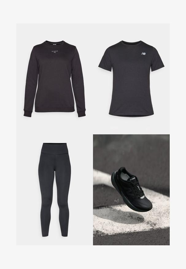 Sweatshirt preto com mangas longas, decote redondo e punhos; apresenta um logótipo branco "HYROX" na frente. Feito de um tecido suave.; T-shirt preta de manga curta feita de tecido suave, com um pequeno logótipo cinza da New Balance no canto superior esquerdo do peito, design clássico de decote redondo.; Leggings pretos de cintura alta feitos de material elástico, com uma textura suave e um design justo, apresentando detalhes de costura mínimos.; Sapatilha de corrida preta com um cabedal texturizado, design elegante e detalhes reflexivos. Apresenta uma sola macia e acolchoada para maior conforto.