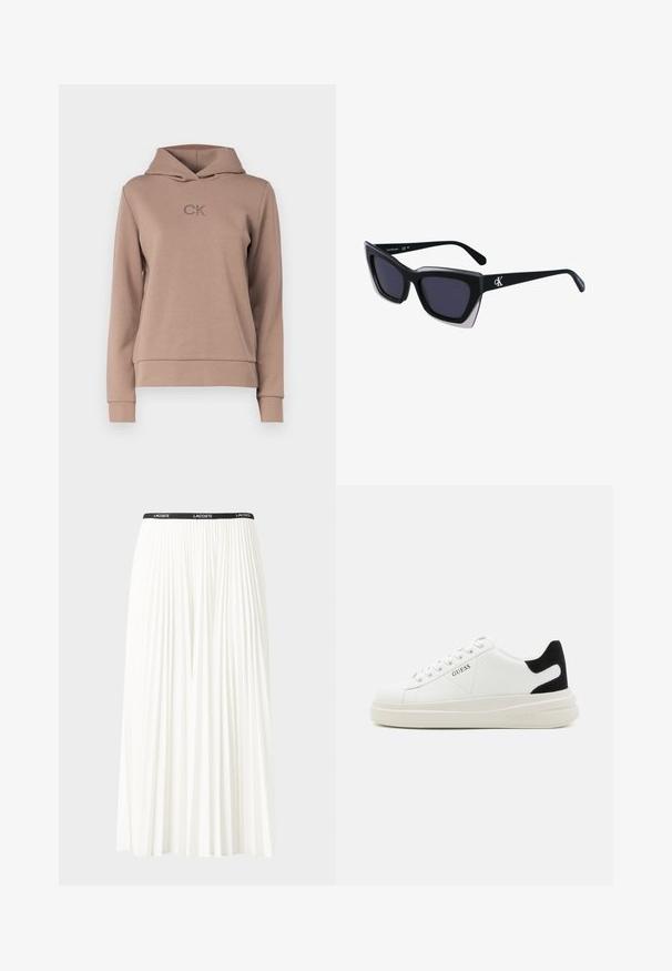Rjava kapuca iz mehkega materiala z sprednjim kengurujskim žepom, rebrastimi manšeti in kapuco. Na prsih ima vezeno logotip "CK".; Gubasta bela krila z črnim elastičnim pasom, ki nosi logotip "LACOSTE". Srednje dolga zasnova z mehkobo tkanine.; Bele usnjene športne copate z debelim belim podplatom, črnimi semišnimi detajli na peti in utisnjenim logotipom na strani. Zavezovanje s šestimi luknjicami.; Črne prevelike sončne očala geometrijske oblike, z temnimi lečami in kontrastno sivo podrobnostjo na okvirju. Logo na ročaju.