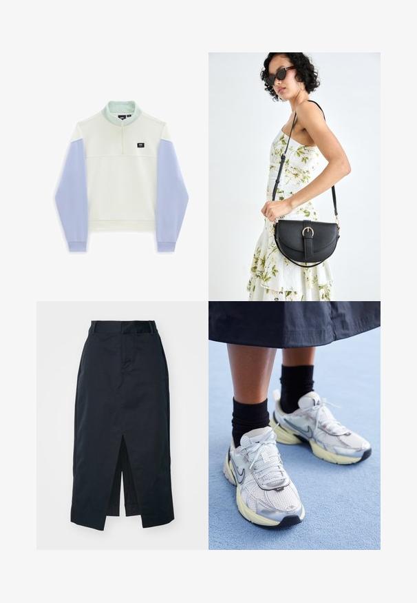 Vans HALF MOCK - Felpa - marshmallow-cosmic sky; Gonna midi blu navy in tessuto misto cotone, con spacco anteriore, zip nascosta e tasche laterali per funzionalità.; Nike sneakers bianchi e argento con tessuto in rete, dettagli riflettenti e suola beige. Indossati con calze nere, in piedi su una superficie blu.; Borsa a tracolla nera in pelle con una forma curva, manico rimovibile e accessori dorati. La borsa presenta una patta con un dettaglio a fibbia.