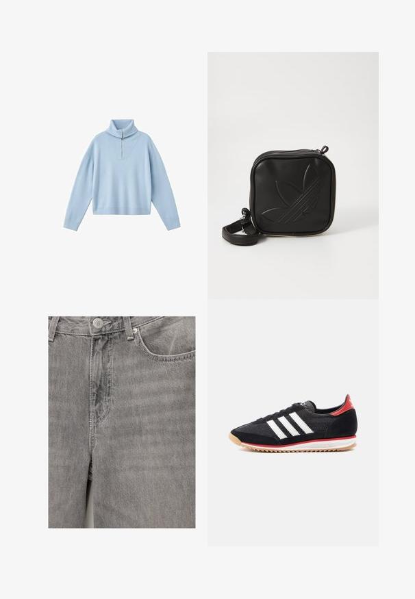 Jasnoniebieski sweter z wysokim kołnierzem, zamkiem na pół zapinanym oraz opuszczanymi ramionami. Wykonany z miękkiego dzianinowego materiału, o luźnym kroju.; Szare dżinsy o gładkiej teksturze, z przednim zapięciem na guziki i suwak, kieszeniami bocznymi oraz subtelnymi detalami w przeszyciach.; Czarny sportowy but z białymi paskami, zamszowymi akcentami i czerwonym obcasem. Tekstura mesh i gumowa podeszwa z jasnobrązowym bieżnikiem.; Czarna torba na ramię wykonana z teksturowanego materiału syntetycznego. Posiada wytłoczone logo oraz regulowany pasek. Zamek błyskawiczny.