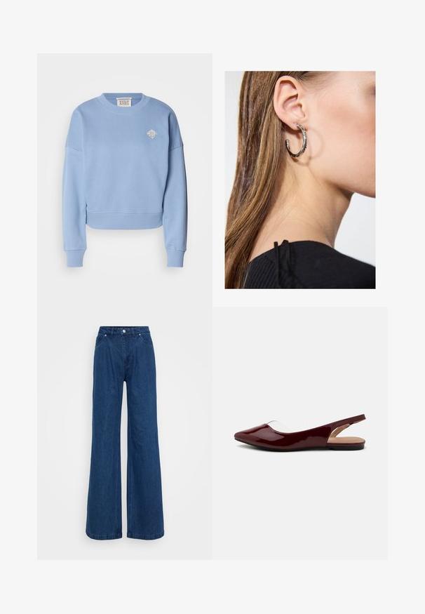 Világoskék, rövidített pulóver, puha anyagból készült. Jellemzője a kerek nyakú, ejtett vállú fazon, valamint egy kis hímzett minta a mellkason.; Magas derekú, széles lábú kék farmernadrág, elülső gomb- és cipzárzárral, valamint elülső és hátsó zsebekkel, sima háttér előtt.; Burgundy színű lakk slingback balerina cipők hegyes orral, átlátszó kivágással és lapos fekete talppal. Sima textúra, minimalista dizájn.; Ez egy ezüst fülbevaló, sima felülettel, amelyen apró arany díszítőelemek találhatók. Kerek formájú és a fülcimpán viselik.