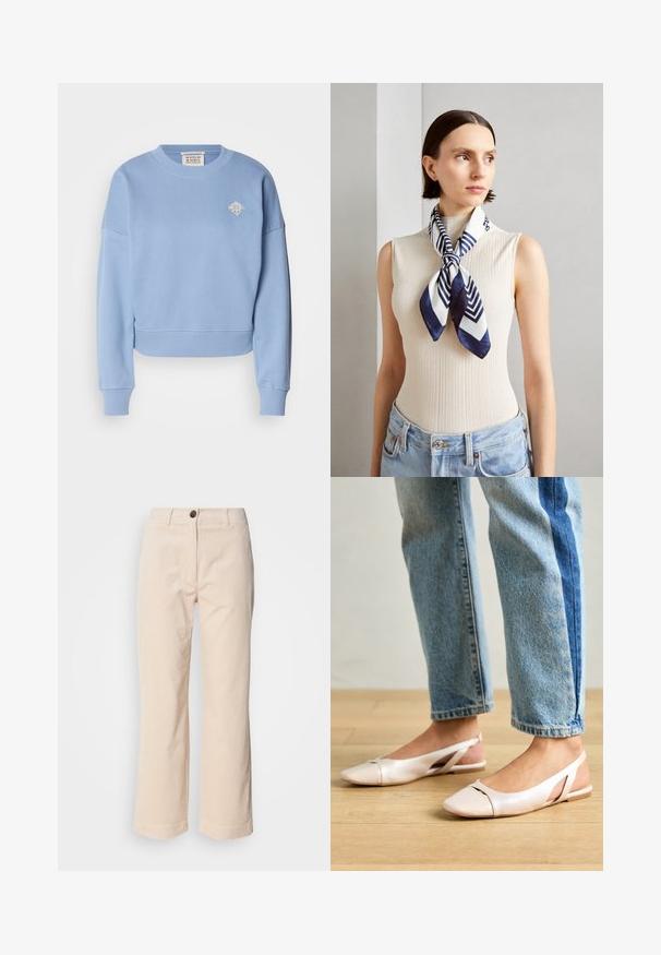 Világoskék, rövidített pulóver, puha anyagból készült. Jellemzője a kerek nyakú, ejtett vállú fazon, valamint egy kis hímzett minta a mellkason.; Beige kordbársonyi nadrág egyenes lábakkal, elöl gombos záródással és oldalsó zsebekkel, fehér háttér előtt.; Világos rózsaszín slingback laposlábú cipők, hegyes orral, sima bőrhatású anyagból készült. Oldalt kivágott részletek találhatók rajta, valamint lapos sarkú.; Sötétkék és fehér selyem sál geometrikus zigzag mintával. Sima textúra, szépen megkötve a nyak körül, ami kiegészíti a bordázott felsőt.