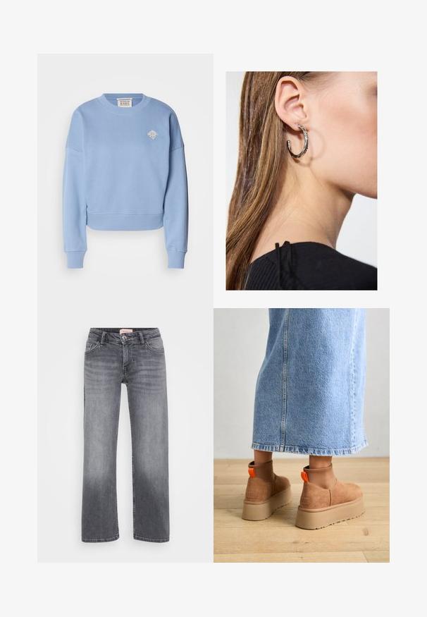 Lys blå kort genser laget av mykt materiale. Har rund hals, droppede skuldre og et lite brodert design på brystet.; Grå denimjeans med rett ben-design, fem-lomme stil, subtil falming, og knappelukking i midjen.; Brune semska plattformstøvler med elastiske sidepaneler og orange rekkehalser, parret med en knelange lys denimskjørt på et tregulv.; Sølv ringøredob med en polert finish, med små gull detaljer og en rund form, båret på øreflippen.