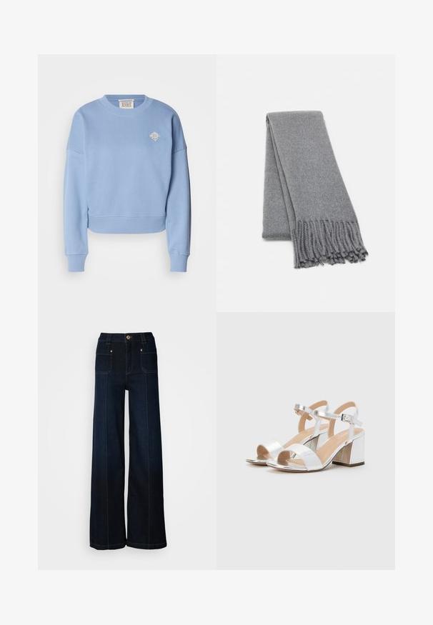 Light blue cropped sweatshirt made of soft material. Features a crew neck, dropped shoulders, and a small embroidered design on the chest.; Wide-leg denim jeans in dark blue. Features front pockets, gold-tone hardware, and contrasting stitching. Smooth texture with a casual design.; Silver high-heeled sandals with open toes, featuring two wide straps and a rounded block heel. Smooth texture with metallic finish.; Gray wool scarf with a soft texture, featuring fringed edges and a simple design. Folded neatly, showcasing its elongated shape.