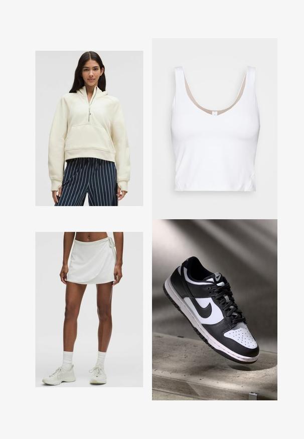 Krämfärgad zip-up hoodie med känguruficka, ribbade ärmslut och avslappnad passform, tillsammans med byxor i navy och vitt randigt mönster.; Vit crop top med rundad halsringning och breda axelband. Tillverkad av slät, elastisk tyg med en beige foderdetalj vid halsringningen.; Vit atletisk skort med omslagsdesign, tillverkad av mjukt tyg. Har en knut på sidan och är kombinerad med ljusa sneakers och strumpor.; Svart och vit Nike Dunk Low sneaker med ovandel i läder, perforerad tånbox och svarta snören, med en vit sula och logotypdetaljer.