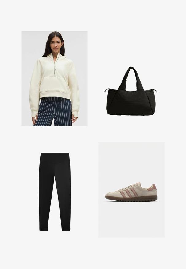 Cremfarbener Zip-Hoodie mit Kängurutasche, gerippten Bündchen und lockerer Passform, kombiniert mit navy- und weiß gestreiften Hosen.; Schwarze Leggings aus glattem, dehnbarem Material. Hochtailliertes Design mit Fußgelenkdetails und ohne sichtbare Muster oder Beschläge.; Beige Wildledersneaker mit pinken Akzenten, ausgestattet mit drei überlappenden Streifen, einer strukturierten Zehenkappe und einer Gummisohle mit Rillen.; Schwarze Einkaufstasche mit einer fluffigen Textur, ausgestattet mit zwei kurzen Griffen und einer Seitentasche, die mit einem Kordelzug gesichert ist. Einfaches, kantiges Design.