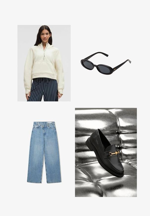 Hanorac crem cu fermoar, prevăzut cu buzunar kangaroo, manșete cu nervuri și croială lejeră, asortat cu pantaloni în dungi navy și alb.; Jeans largi de culoare albastru deschis, confecționați din denim, cu talie înaltă, cinci buzunare, închidere cu nasture și ușoară decolorare pentru textură.; Pantofii din piele neagră, tip loafer, cu detalii din hard metalizat de culoare aurie. Încălțămintea are un design elegant și o textură netedă și lucioasă.; Ochelari de soare supradimensionați, cu lentile ovale, cadru din plastic neted și accente aurii pe brațe. Lentilele întunecate oferă protecție solară.