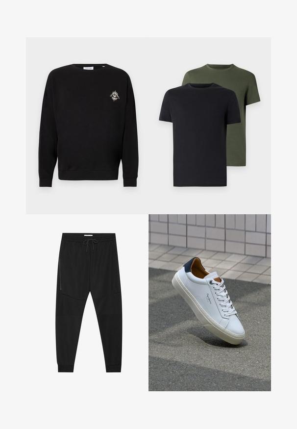 Sweatshirt preto em algodão, com mangas longas, decote redondo, punhos canelados e um pequeno desenho de sol bordado no lado esquerdo do peito.; Duas t-shirts de gola redonda nas cores preto e verde-oliva, feitas de um tecido de algodão suave. O design é simples, com mangas curtas e corte reto.; Calças de treino pretas feitas de tecido texturizado, com uma cintura ajustável, bolso lateral com fecho e punhos afunilados.; Sapatilha de couro branco com calcanhar azul marinho, bico redondo e detalhes em castanho contrastantes. Apresenta atacadores planos e sola de borracha texturizada.