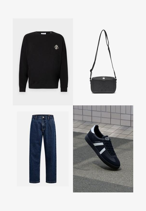 Čierna mikina z bavlny, s dlhými rukávmi, okrúhlym výstrihom, rebrovanými manžetami a malým vyšívaným slnečným motívom na ľavej hrudi.; Tmavo modré džínsy s rovnými nohavicami. Obsahujú viditeľné švy, zapínanie na gombík a predné skladanie pre zvýraznenie detailov.; Čierne kožené tenisky s bielymi pruhmi, textúrovanou gumovou podrážkou a šnurovaním vpredu. Obsahujú označenie značky na jazyku.; Čierna kožená crossbody taška so zipsom, s embosovaným logom na prednej strane a nastaviteľným popruhom. Hladká textura a obdlžníkový tvar.