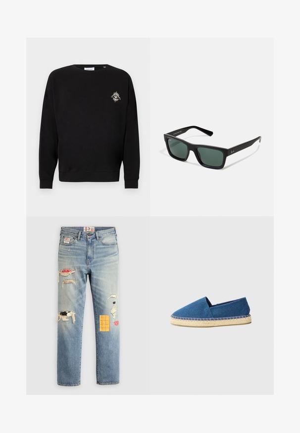 Black sweatshirt made of cotton, featuring long sleeves, round neck, ribbed cuffs, and a small embroidered sun design on the left chest.; Light blue denim jeans with a relaxed fit, featuring distressed patches in various colors and patterns, including orange and red accents.; Blue canvas espadrille with a closed toe, jute outsole, and stitched trim. Smooth fabric texture and low profile design.; Black rectangular sunglasses with green lenses, featuring a matte finish, straight temples, and the Ray-Ban logo on the side.