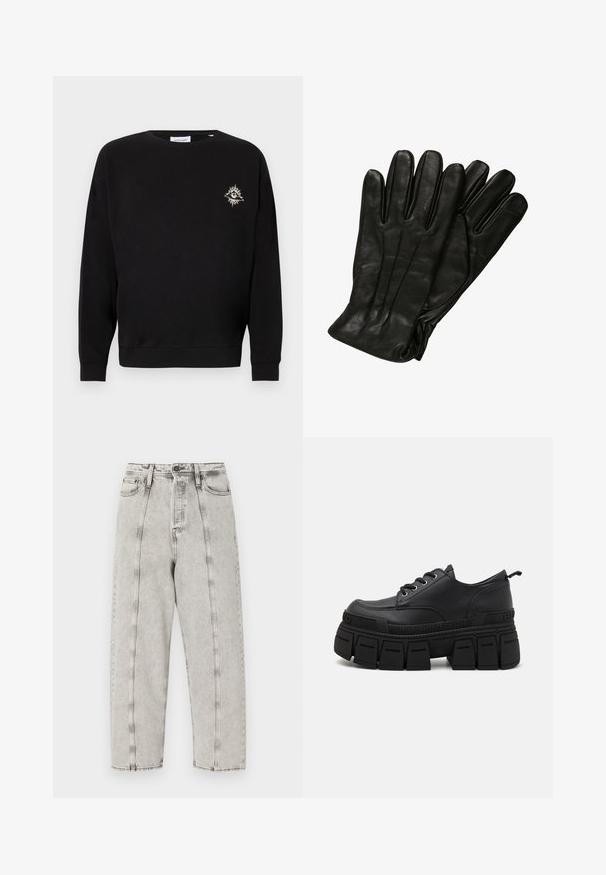 Must värvitud puuvillane dressipluus, millel on pikad varrukad, ümar kaelus, ribakudumisest mansetid ja väike tikand päikesekujulisena vasakul rinnal.; Halli kõrge vöökohaga teksad, mis on laia lõikega, sirge jala disainiga, nähtavate õmblustega ja kulunud tekstuuriga.; Buffalo GOSPHER LACE UP - Paeltega jalanõud - black; Mustad mustraga kinnaste komplekt, millel on sile tekstuur, viis sõrme ja peened õmblused. Klassikaline disain, sobib külmade ilmade kasutamiseks.