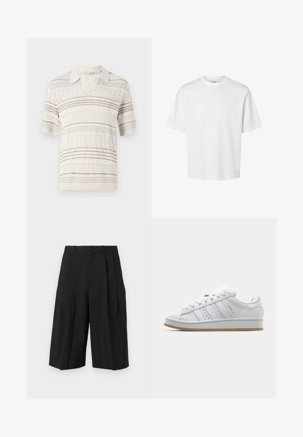 Beigis lühikeste varrukatega kudumispolo, millel on heledates pruunides horisontaalsed triibud. Omab kraega kaelust ja peene tekstuuriga mustrit kogu ulatuses.; Valge puuvillane t-särk lühikeste varrukatega, ümmarguse kaelusega ja lõdva lõikega. Sile tekstuur, ilma nähtavate mustrite või aktsentideta.; Mustad kortsid, mis on valmistatud sileda tekstuuriga kangast, esise lihtsa nööpkinnitusega ja laiade, lõdvema jalaga.; Valge tenniseking, millel on perforeeritud kolmerealine disain, tekstureeritud aktsendid, kummist talla ja külgedel kuldne "CAMPUS" logo.