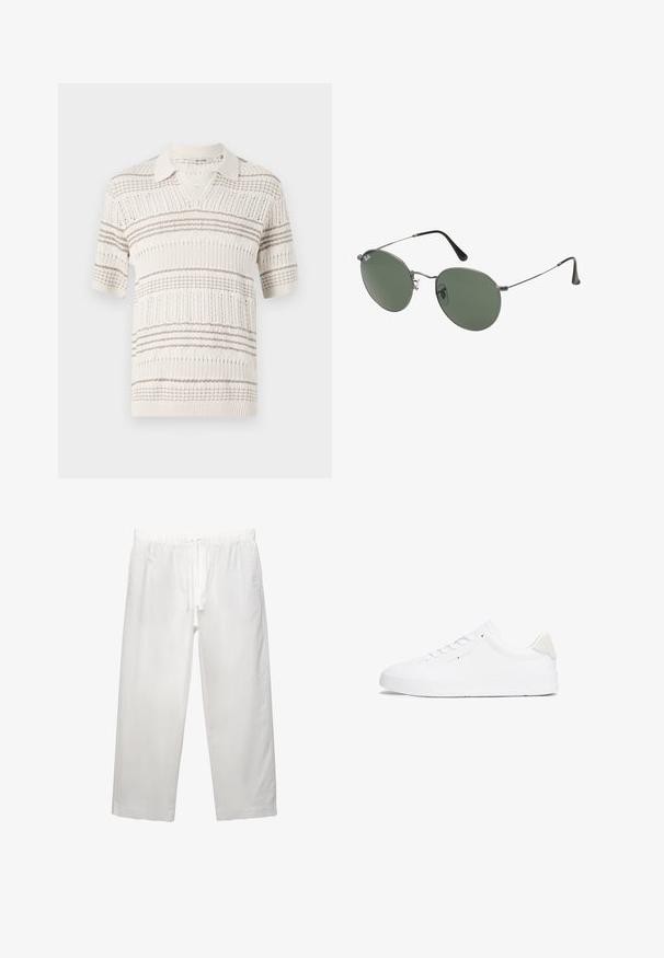 Polo shirt a maniche corte lavorato a maglia in beige con strisce orizzontali marrone chiaro. Presenta un colletto e un motivo testurizzato su tutta la superficie.; Pantaloni bianchi in lino con cintura elastica e cordoncino, design a gamba ampia e cuciture pulite. Texture liscia con vestibilità casual.; Sneaker bianco con tomaia in pelle liscia, punta rotonda, suola piatta e design minimalista. Presenta un branding sottile e un accento beige sul tallone.; Occhiali da sole con montatura in metallo e lenti verdi ovali. Montatura sottile in metallo argento e terminali neri. Design minimalista, senza loghi visibili.