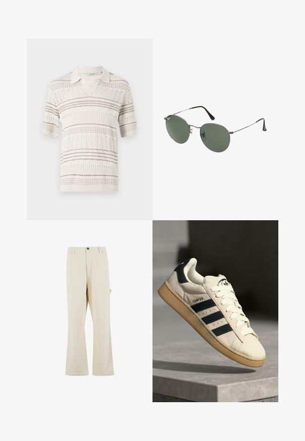 Kudotut t-paitapolo lyhyillä hihoilla beige-värissä, jossa on vaaleanruskeita vaakaraitoja. Varustettu kauluksella ja teksturoidulla pintakuvioinnilla.; Beige, leveleinen housut, valmistettu puuvillasekoitekankaasta, napillinen suljenta. Varustettu sivutaskuilla ja hienovaraisella pinnalla. Saumakuviointi näkyvissä.; Beige mokkanahka lenkkarit, joissa on kolme tummansinistä raitaa, valkoiset nauhat ja vaaleanruskea kumipohja. Kengissä on logo kielessä ja "CAMPUS"-teksti.; Aurinkolasit metallikehyksillä, joissa on soikeat vihreät linssit. Ohut hopeinen metallikehys ja mustat korvapehmusteet. Minimalistinen muotoilu, ei näkyviä logoja.