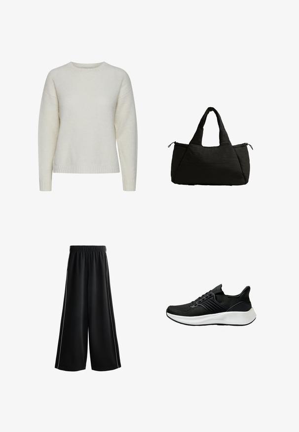 Maglione color crema realizzato in tessuto morbido e testurizzato. Presenta un collo rotondo, spalle scese e orlo a coste.; Pantaloni a palazzo neri con vita elastica, dotati di piping laterale bianco e realizzati in un tessuto leggero e morbido. Ideali per un look casual.; Scarpa atletica nera con tomaia in tessuto testurizzato, sistema di lacci e una suola intermedia bianca. Presenta un profilo basso e un design della suola curvato.; Borsa a tracolla nera con una texture soffice, dotata di due manici corti e una tasca laterale chiusa con un cordoncino. Design semplice e angolare.