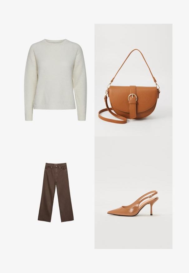 Sweter w kolorze kremowym, wykonany z miękkiej, teksturowanej tkaniny. Posiada okrągły dekolt, opadające ramiona i ściągacz u dołu.; Szerokie brązowe dżinsy wykonane z denimu, z wysokim stanem, przednimi kieszeniami i klasycznym zapięciem na guzik. Gładka faktura z subtelnym przeszyciem.; Sandały na obcasie z kwadratowym noskiem, wykonane z gładkiego, błyszczącego materiału w kolorze brązowym. Charakteryzują się zaokrąglonym wycięciem i smukłym obcasem typu stiletto. Detal w postaci srebrnej klamry.; Brązowa skórzana torba na ramię o zaokrąglonym kształcie, ze złotymi akcentami i zapięciem w formie klamry. Posiada odpinany pasek na ramię.